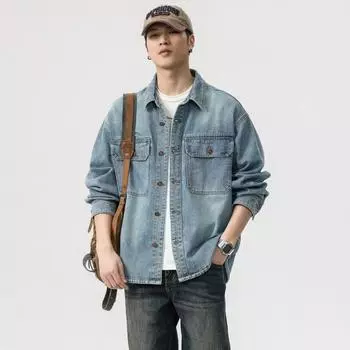 American Classic Tooling Denim Shirt Men S Long Sleeve Spring Leisel Tencel Loose Casual Jacket Jacket M синий