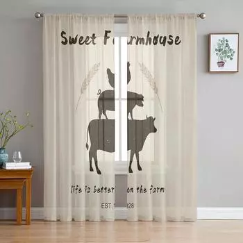 American Country Style Farm Retro Horse Pig Chicken Sheer Curtains for Living Room Bedroom Voile Tulle Curtain Window Drapes W135 x H114cm