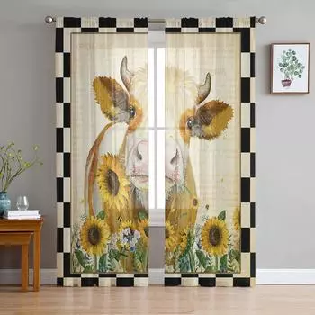 American Country Style Sunflower Cow Sheer Curtains for Living Room Modern Voile Curtain Bedroom Tulle Curtains Window Drapes W135 x H114cm