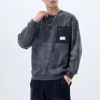 American Crew Neck Sweater Men S Pocket Decoration Spring And Autumn Loose Large Size Trendy Brand Printing And Dyeing Heavy Bottom Top M серый