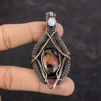 American Dichroic Glass Gemstone Pendant Copper Wire Wrapped Jewelry Rainbow Moonstone Pendant Handmade Jewelry Copper Pendant Gift For Him