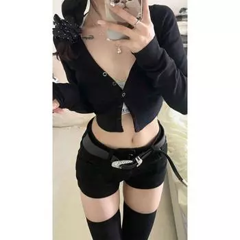 American Fashion Small Black Low Waisted Shorts Female Plus Size Plus Size Ladies Pear-Shaped Figure Slim Looking Hip Bag Denim Hot Pants Black M