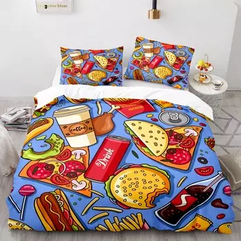 American Fast Food King Queen Duvet Cover Western Pizza Cola Bedding Set Kids French Fries Cartoon 2/3pcs Polyester Quilt Cover 70x133cm 2pcs