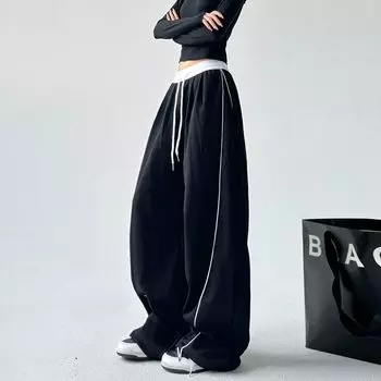 American Gray Sports Pants Female 2025 Spring & Fall New Arrival Casual Slim Looking Wide Leg Straight Loose Dancing Pants Cargo Pants Easiest for match Black 2XL
