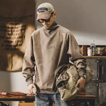 American Heavy-Duty Fleece Sweater Men S Spring Trendy Brand High-Necked Retro Three-Dimensional Steel-Printed Jacket Men S Spring And Autumn Models M хаки