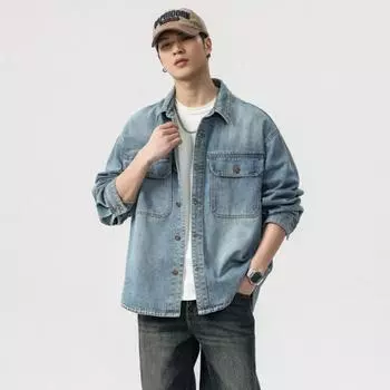 Американская прочная рубашка из стираного денима с длинными рукавами, мужская свободная куртка большого размера, мужская куртка Ruffian Handsome M синий