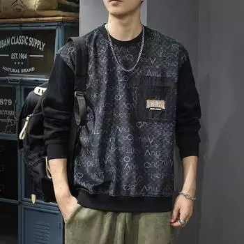 Американский Тяжелый Ретро Тренд Свитер с Круглым Вырезом Мужской Свободный Большого Размера Осенне-Зимний Пуловер с Карманом Куртка с Длинным Рукавом M хаки