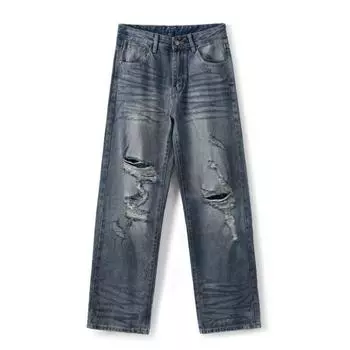 American High Street Old Dirty Dyed Ripped Loose Straight Floor Jeans Men s Length S