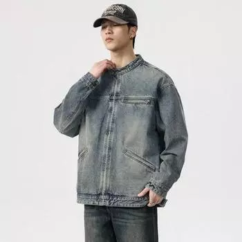 American High Street Retro Washed Blue Denim Jacket Men S Loose Large Size Youth Jacket Top M синий