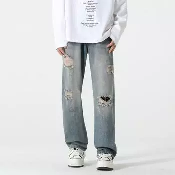 American High Street Ripped Jeans Men s Summer Thin Loose Straight Pants New Washing Wide-leg Trousers S