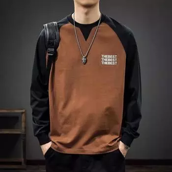 Футболка с длинными рукавами American High Street Splicing Contrast Color с наплечниками, мужская свободная футболка с круглым вырезом из плотного хлопка Tide M