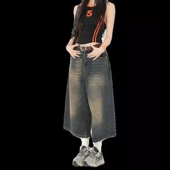 American High Street Wide Leg Cropped Jeans Women s Summer Retro Washed Distressed High Waist Straight-leg Loose Denim Middle Pants Retro Blue S