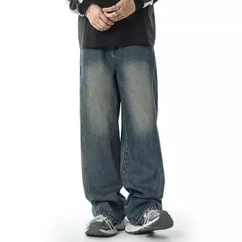 American High Street Wide-leg Jeans Washed Old Retro Loose Straight Pants S синий