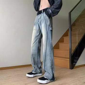 American High Street Zipper Slit Jeans Men s Trendy Versatile Straight Loose Loose Wide-leg Pants S синий