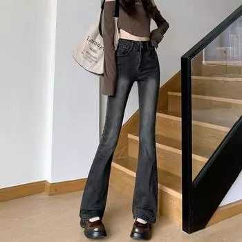 American high-waisted elastic flared jeans women s 2025 spring and autumn new thin and high double-button jeans tide S
