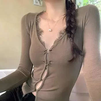 American Hot Girl Slim Fit Button кружева V-образный вырез длинный рукав вязаный кардиган женский новый осенний топ S