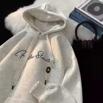 American Ins Personality Simple Heavy Hooded Sweatshirt Men s Trendy Loose 2024 New Couple Student Long-sleeve Sweatshirt M серый