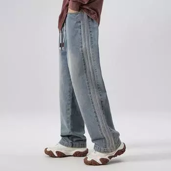 American Jeans Men s Hong Kong Style Retro Old Loose Straight Pants Spring and Autumn High Street Drooping Trousers S синий