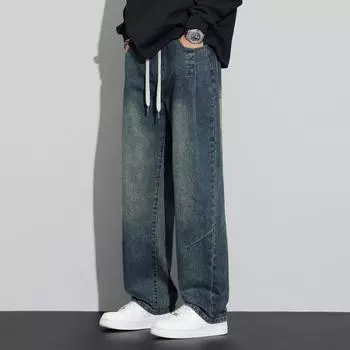 American Jeans Men s Loose Straight Spring High Street Elastic Waist Wide-leg Work Casual Pants M