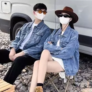 Американская Локомотивная Джинсовая Куртка Мужская и Женская Свободная Красивая Модная Брендовая Куртка с Трехмерным Тисненым Дизайном M синий