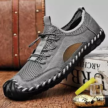 Американские сетчатые туфли мужские кожаные летние дышащие полые уличные спортивные походные туфли 38 чёрный
