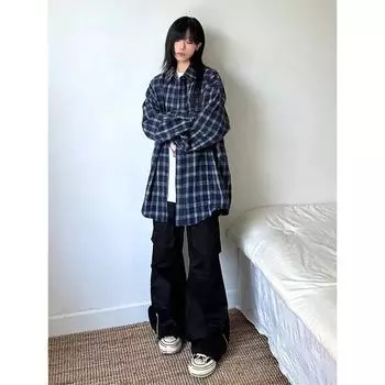 American Plaid Shirt Spring and Autumn New plus Size Design Color Matching Long Sleeve High-Grade Couple Shirt Coat M синий