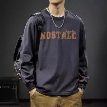 Футболка с длинными рукавами и принтом американского ретро-алфавита, мужская осенняя хлопковая свободная кофта с круглым вырезом M