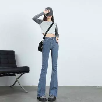 American retro autumn and winter micro-horn jeans women s design sense small high waist thin horseshoe pants S