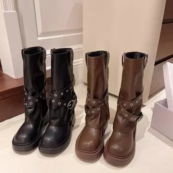 Американские ретро-ботинки с пряжкой на ремне, женские, 2024, новые, модные, темпераментные, высокие ботинки, уличные, брючные ботинки 35