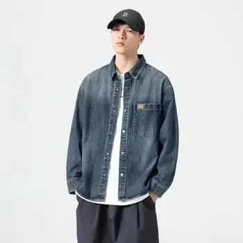 American Retro Casual Denim Jacket Men S Loose Large Size Long-Sleeved Jacket Top Trend M синий