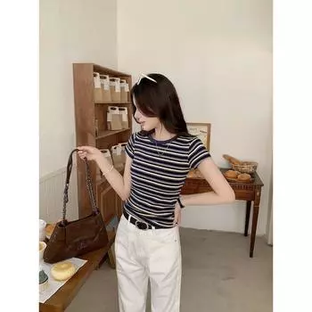 American Retro Chic Stripes T-shirt Women s Summer Contrast Color Stylish Thin Slim Fit Bottoming Top Shoulder Short Sleeve Brown Stripes L