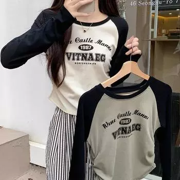 American retro contrast color round neck high waist printed long-sleeved T-shirt for women early autumn drawstring waist short bottoming shirt top S