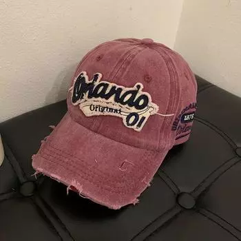 American Retro Distressed Baseball Cap Women s Big Head Circumference Water Washed Hole Denim Wide Brim Peaked Cap Face-Showing Small Hat Burgundy Adjustable
