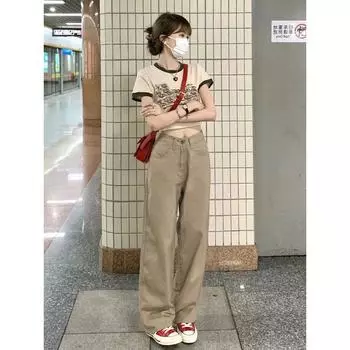 American Retro Fashion Sexy High Waist Denim Women s Spring & Fall Thin Plus Size Fat Sister Slim Looking Straight Mopping Pants Khaki 4XL [80.00 kg-90.00 kg]]
