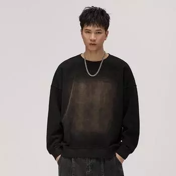 American Retro Heavy Fry Wash Old Washed Sweater Men S Autumn Loose Print Crew Neck Long Sleeves S