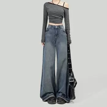 American Retro High Waist Wide Leg Denim Women 2025 Fall and Winter New Lazy Wind Loose Drooping Straight Mopping Pants Retro Blue [pants] single pants XS