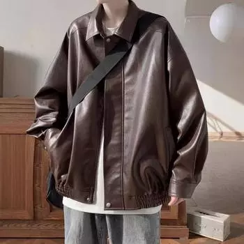 Американская ретро кожаная куртка мужская осенне-зимняя мотоциклетная красивая модная брендовая повседневная свободная куртка с лацканами из искусственной кожи M