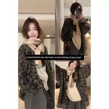 American Retro Loose Feeling Leopard-Print Sweater Outwear Female 2025 Fall and Winter New Arrival Knitting Cardigan Lazy and Loose Tops Leopard print Cardigan L