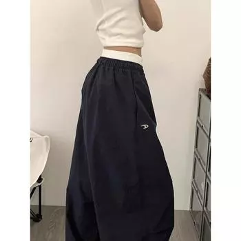 American Retro Navy Blue Cargo Pants Female Spring/Summer 2025 New Arrival Wide Leg Leisure Straight-leg Lazy Track Sweatpants Tide Navy blue thin section M