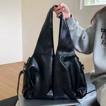 American Retro Oil Wax Leather Large Capacity Tote Bag Black High-end Versatile One-shoulder Underarm Bag Commuter Crossbody Bag