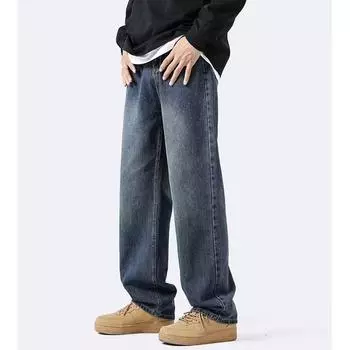 American Retro Old Washing Straight Jeans Men s Spring and Autumn New Loose Wide-leg Casual Trousers S синий