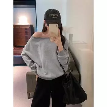 American Retro One-Shoulder Cold-Shoulder Casual Long Sleeve Sweatshirt Female Spring & Fall New Arrival Loose Fashion Small Pullover Tops Spring and Autumn gray pure color L