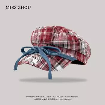 American Retro Plaid Strap Bow Berets Caps for Women Summer and Autumn Personality Versatile Y2k Short Brim Octagonal Hats 56-58cm