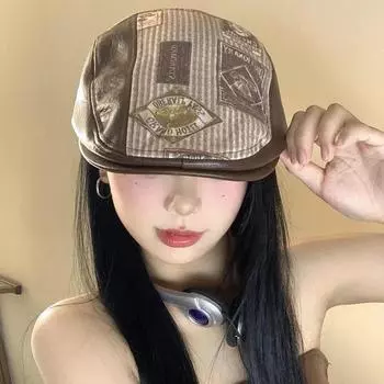 American Retro Printed Pu Leather Brown Forward Hats for Women and Men Autumn New Casual Versatile Show Face Small Berets 56-58cm коричневый