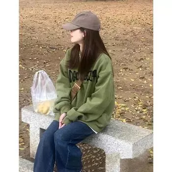 American retro round neck pullover thin sweatshirt for women early autumn coat new long-sleeved student top women s trendy fashion M