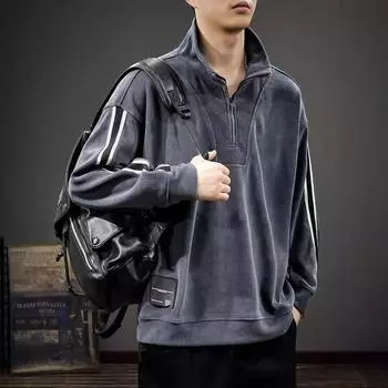 Американский ретро-свитер с полумолнией и воротником-стойкой, мужской, осенний, в тяжелую полоску, с длинными рукавами, свободный повседневный топ M хаки