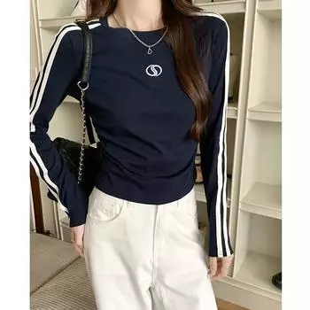 American retro splicing contrasting color design long-sleeved T-shirt for women early autumn pleated waist slim-fit bottoming shirt top S