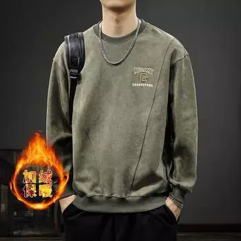 Американский ретро трехмерный вышитый мужской свитер осенний трендовый бренд Splicing Heavy Suede свободная рубашка с длинными рукавами M армия зеленый