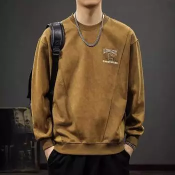 Американский ретро трехмерный вышитый мужской свитер осенний трендовый бренд Splicing Heavy Suede свободная рубашка с длинными рукавами M армия зеленый