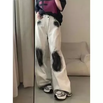 Американские ретро-узкие джинсы с узором «тай-дай», летние женские свободные утягивающие прямые брюки с высокой талией S чёрный/белый